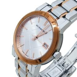 Pre Owned Burberry Silver White Two Tone Stainless Steel BU9105 Women's Wristwatch 34 mm