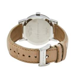 Pre Owned Burberry Beige Stainless Steel Check Dial Leather BU9107 Women's Wristwatch 34 mm 