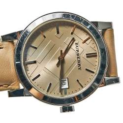 Pre Owned Burberry Beige Stainless Steel Check Dial Leather BU9107 Women's Wristwatch 34 mm 
