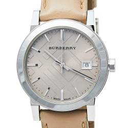 Pre Owned Burberry Beige Stainless Steel Check Dial Leather BU9107 Women's Wristwatch 34 mm 