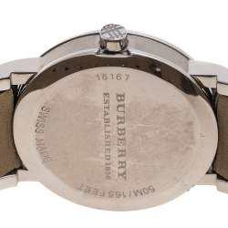Pre Owned Burberry Grey Stainless Steel Check Leather Heritage BU1774 Unisex Wristwatch 38 mm