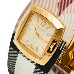Pre Owned Burberry Gold Tone Stainless Steel Check Leather BU4051 Women's Wristwatch 33.5 mm