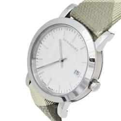 Pre Owned Burberry White Stainless Steel Smoked Check BU1798 Women's Wristwatch 38 mm