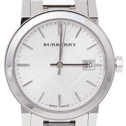 Pre Owned Burberry Silver Stainless Steel Check BU9100 Women's Wristwatch 34 mm