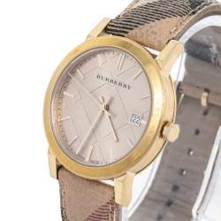 Pre Owned Burberry Champagne Yellow Gold Plated Stainless Steel The City BU9026 Women's Wristwatch 38 mm
