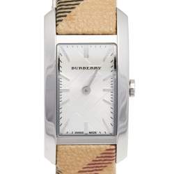 Pre Owned Burberry Silver Stainless Steel Leather The Pioneer BU9508 Women's Wristwatch 20 mm 