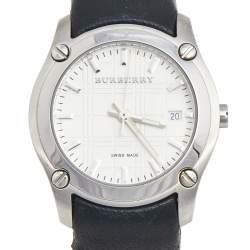 Pre Owned Burberry White Stainless Steel Leather BU1859 Women's Wristwatch 29 mm