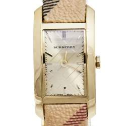 Pre Owned Burberry Champagne Gold Plated Stainless Steel Canvas The Pioneer BU9509 Women's Wristwatch 20 mm