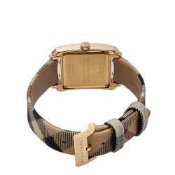 Pre Owned Burberry Champagne Yellow Gold Plated Stainless Leather Steel Nova Check BU1582 Women's Wristwatch 25 mm