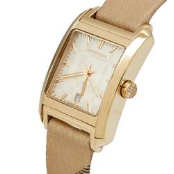 Pre Owned Burberry Champagne Yellow Gold Plated Stainless Leather Steel Nova Check BU1582 Women's Wristwatch 25 mm
