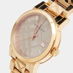 Pre Owned Burberry Champagne Rose Gold Plated Stainless Steel The City BU9146 Women's Wristwatch 34 mm
