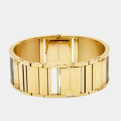 Pre Owned Burberry Champagne Gold Plated Stainless Steel Canvas Reversible Check BU4935 Women's Wristwatch 25 mm