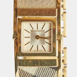 Pre Owned Burberry Champagne Gold Plated Stainless Steel Canvas Reversible Check BU4935 Women's Wristwatch 25 mm