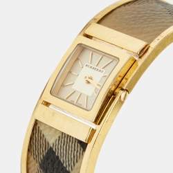 Pre Owned Burberry Champagne Gold Plated Stainless Steel Canvas Reversible Check BU4935 Women's Wristwatch 25 mm