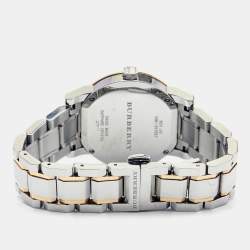 Pre Owned Burberry Silver White Two Tone Stainless Steel BU9105 Women's Wristwatch 34 mm