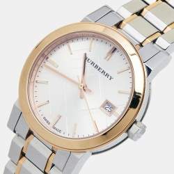 Pre Owned Burberry Silver White Two Tone Stainless Steel BU9105 Women's Wristwatch 34 mm