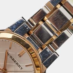 Pre Owned Burberry Silver White Two Tone Stainless Steel BU9105 Women's Wristwatch 34 mm