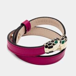 مملوكة مسبقًا Bvlgari Serpenti Forever Pink  Leather Enamel Gold Tone Double Wrap Bracelet
