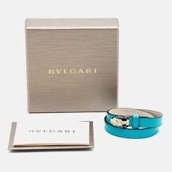 Pre Owned Bvlgari Serpenti Forever Enamel Turquoise Double Coiled Leather Gold Tone Bracelet