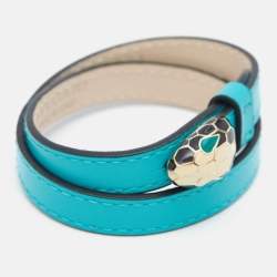 Pre Owned Bvlgari Serpenti Forever Enamel Turquoise Double Coiled Leather Gold Tone Bracelet