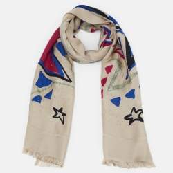 Pre Owned Bvlgari Beige Lettere Spangled Logomania Silk & Wool Scarf
