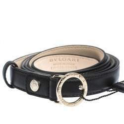 Pre Owned Bvlgari Black Leather Ring Buckle Belt 110CM