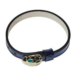 Pre Owned Bvlgari Serpenti Forever Enamel Gold Plated Metallic Blue Leather Bracelet