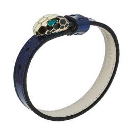 Pre Owned Bvlgari Serpenti Forever Enamel Gold Plated Metallic Blue Leather Bracelet