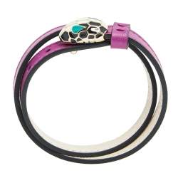 Bvlgari Serpenti Forever Purple Leather Enamel Gold Tone Metal Double Coil Bracelet