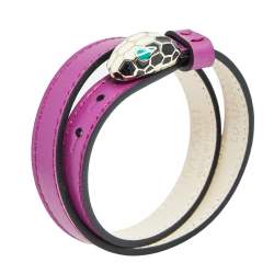 Bvlgari Serpenti Forever Purple Leather Enamel Gold Tone Metal Double Coil Bracelet