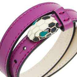 Bvlgari Serpenti Forever Purple Leather Enamel Gold Tone Metal Double Coil Bracelet
