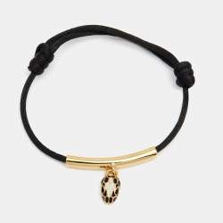 Pre Owned Bvlgari Serpenti Forever Black Enameled Snakehead Charm Cord Bracelet