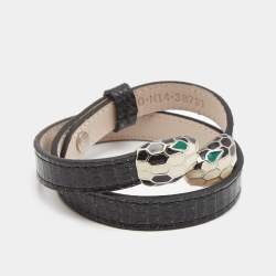 Pre Owned Bvlgari Serpenti Forever Lizard Skin Leather Enamel Silver Tone Bracelet