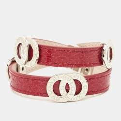 Pre Owned Bvlgari Double Coiled Red Snakeskin Leather Silver Tone Wrap Bracelet