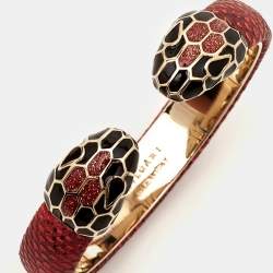 Pre Owned Bvlgari Serpenti Forever Snakeskin Leather Enamel Gold Tone Bracelet