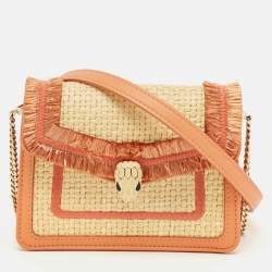 Pre Owned Bvlgari Beige/Peach Raffia and Leather Mini Serpenti Forever Crossbody Bag