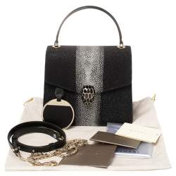 Pre Owned Bvlgari Black/Silver Stingray and Leather Serpenti Forever Top Handle Bag