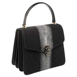 Pre Owned Bvlgari Black/Silver Stingray and Leather Serpenti Forever Top Handle Bag