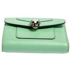 Pre Owned Bvlgari Mint Green Leather Serpenti Forever Trifold Wallet