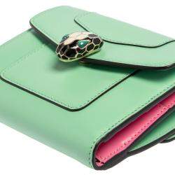 Pre Owned Bvlgari Mint Green Leather Serpenti Forever Trifold Wallet