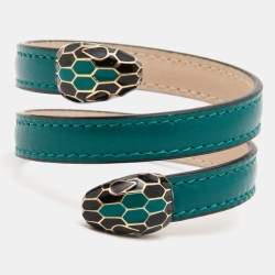 Bvlgari Serpenti Forever Green Leather Enamel Gold Tone Double Head Wrap Bracelet