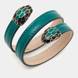 Bvlgari Serpenti Forever Green Leather Enamel Gold Tone Double Head Wrap Bracelet