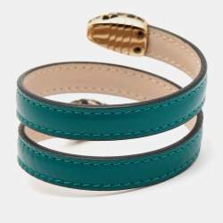 Bvlgari Serpenti Forever Green Leather Enamel Gold Tone Double Head Wrap Bracelet