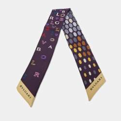 Pre Owned Bvlgari Purple Serpenti Letter Logo Print Silk Bandeau Scarf