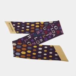 Pre Owned Bvlgari Purple Serpenti Letter Logo Print Silk Bandeau Scarf