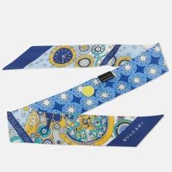 Pre Owned Bvlgari Blue Bvlgari Time Print Silk Mini Shelley Scarf