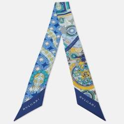Pre Owned Bvlgari Blue Bvlgari Time Print Silk Mini Shelley Scarf