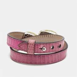 Pre Owned Bvlgari Serpenti Forever Pink Leather Enamel Gold Tone Double Coiled Bracelet