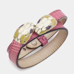 Pre Owned Bvlgari Serpenti Forever Pink Leather Enamel Gold Tone Double Coiled Bracelet