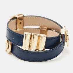 Pre Owned Bvlgari  Bvlgari Leather Gold Tone Double Wrap Bracelet